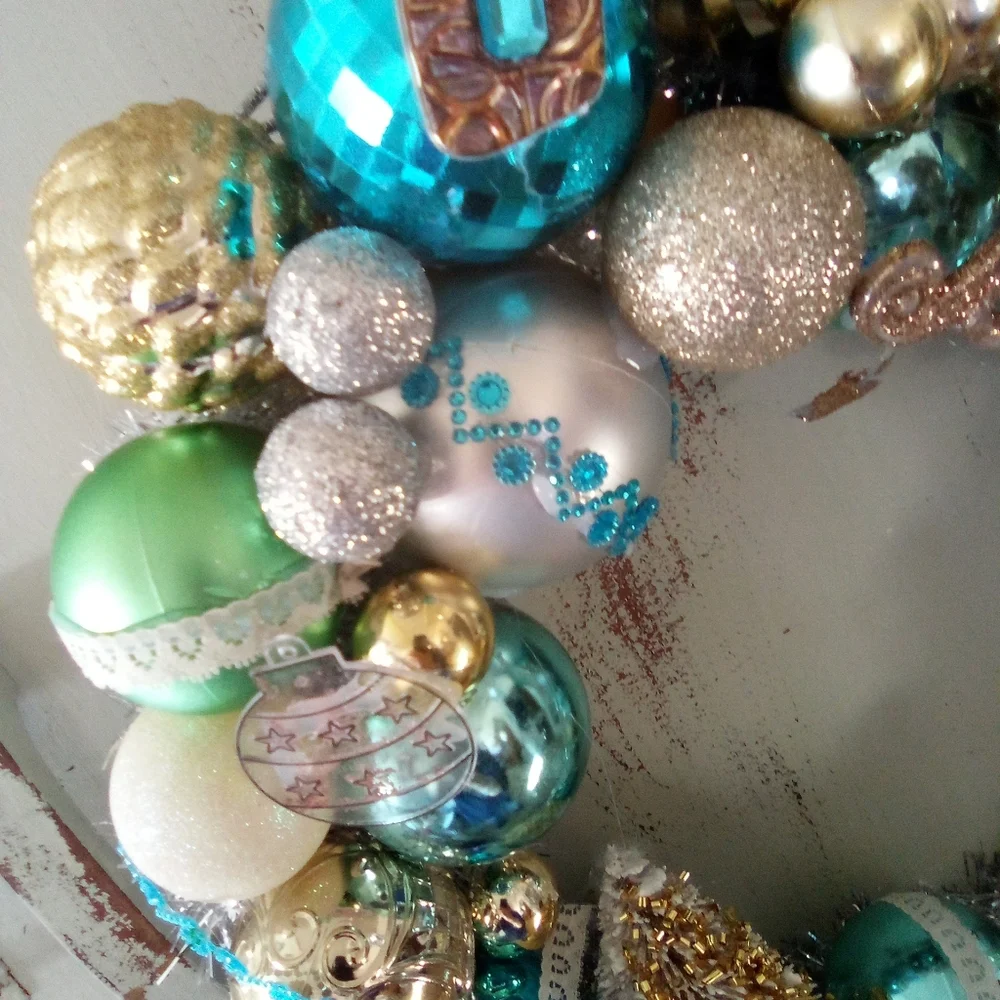Shabby Blue Silver Gold Vintage Ornaments Holiday Wreath Handmade